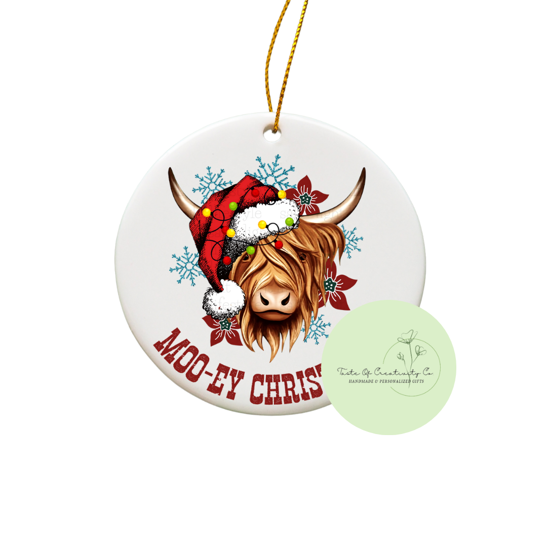"Moo-ey Christmas" Sublimated Ornament, Highland Cow Gift, Western Christmas Tree Ornament