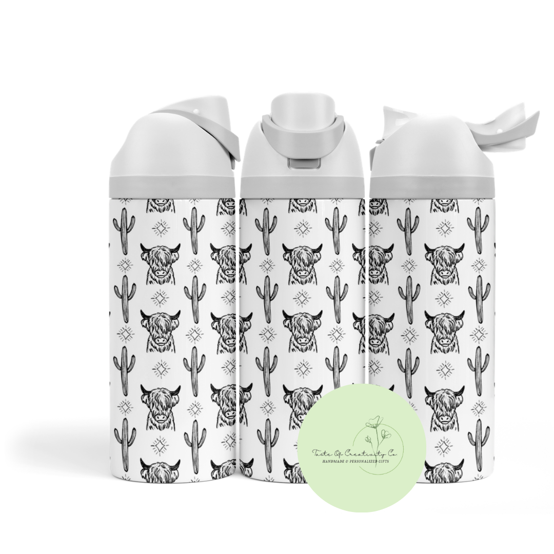 Highland Cow 24oz. Owala Inspired Stainless Steel Bottle, Dishwasher Safe, Gift for Cow Lover, Western Themed Drinkware