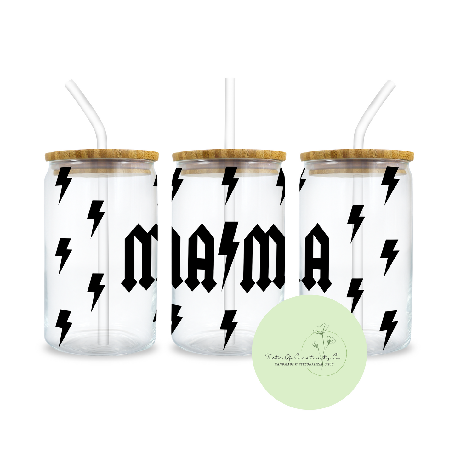 "MAMA" AC/DC Libbey Iced Coffee Glass w/ Bamboo Lid and Straw, Drinkware Gift, Gift for Mom, Mother's Day Gift
