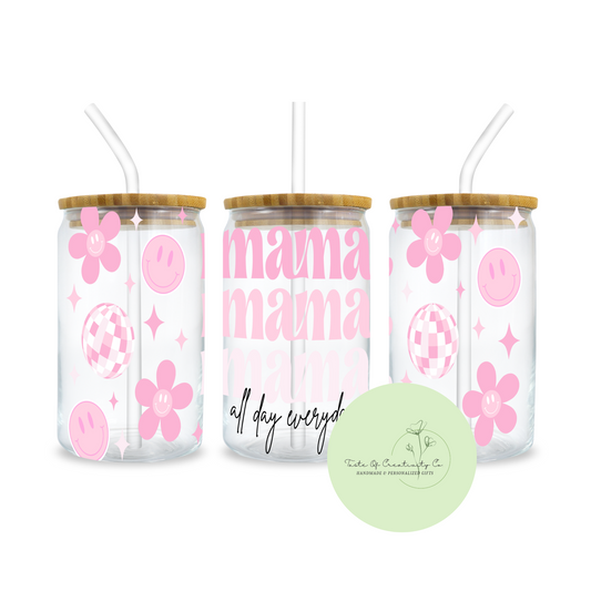 "Mama All Day Everyday" Libbey Iced Coffee Glass w/ Bamboo Lid and Straw, Drinkware Gift, Gift for Mom, Mother's Day Gift