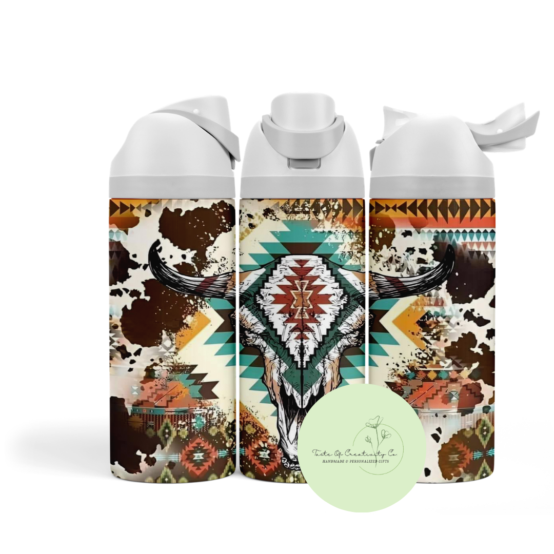 Aztec Longhorn 24oz. Owala Inspired Stainless Steel Bottle, Dishwasher Safe, Rodeo Gift, Western Themed Drinkware