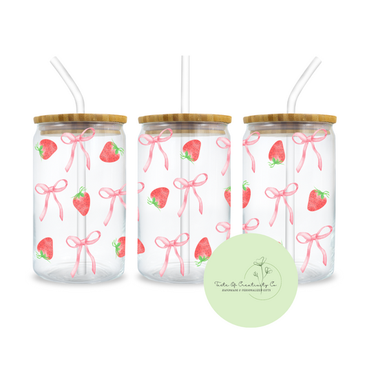 "Berries & Bows" Libbey Iced Coffee Glass w/ Bamboo Lid and Straw, Dishwasher Safe, Drinkware Gift, Strawberry Drinkware, Summer Drinkware