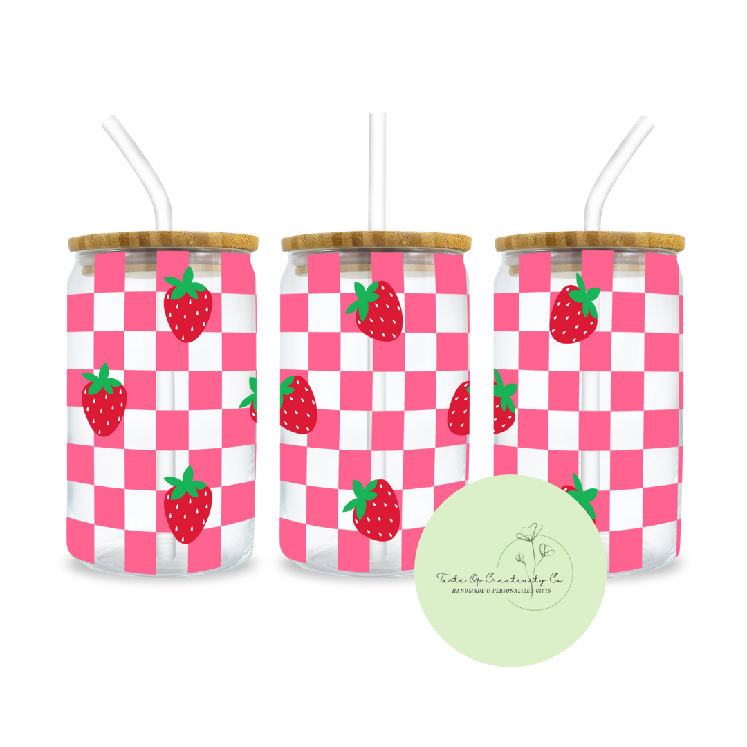 "Strawberry Gingham" Libbey Iced Coffee Glass w/ Bamboo Lid and Straw, Dishwasher Safe, Drinkware Gift, Strawberry Drinkware, Summer Drinkware