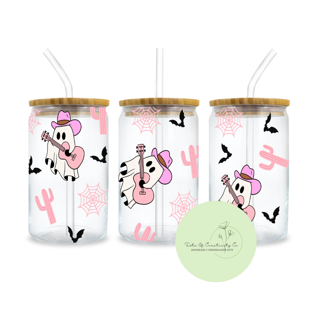 "Country Cowgirl Ghostie" Libbey Iced Coffee Glass w/ Bamboo Lid and Straw, Drinkware Gift, Spooky Disco Cowgirl Drinkware, Country Music Drinkware, Halloween Drinkware