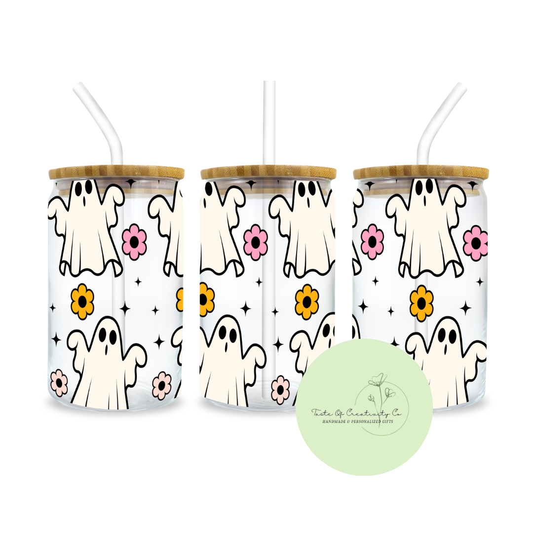 "Ghosties and Daisies" Libbey Iced Coffee Glass w/ Bamboo Lid and Straw, Drinkware Gift, Ghost Drinkware, Halloween Drinkware