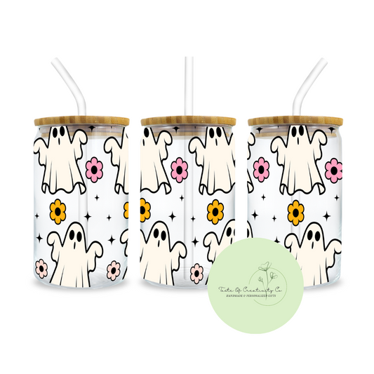 "Ghosties and Daisies" Libbey Iced Coffee Glass w/ Bamboo Lid and Straw, Drinkware Gift, Ghost Drinkware, Halloween Drinkware