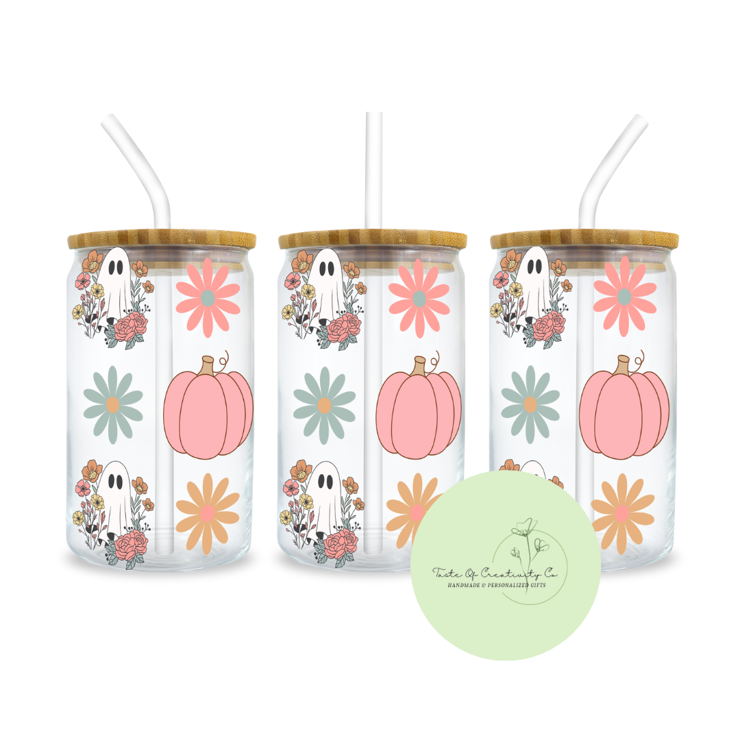 "Pastel Floral Ghost" Libbey Iced Coffee Glass w/ Bamboo Lid and Straw, Drinkware Gift, Ghost Drinkware, Halloween Drinkware