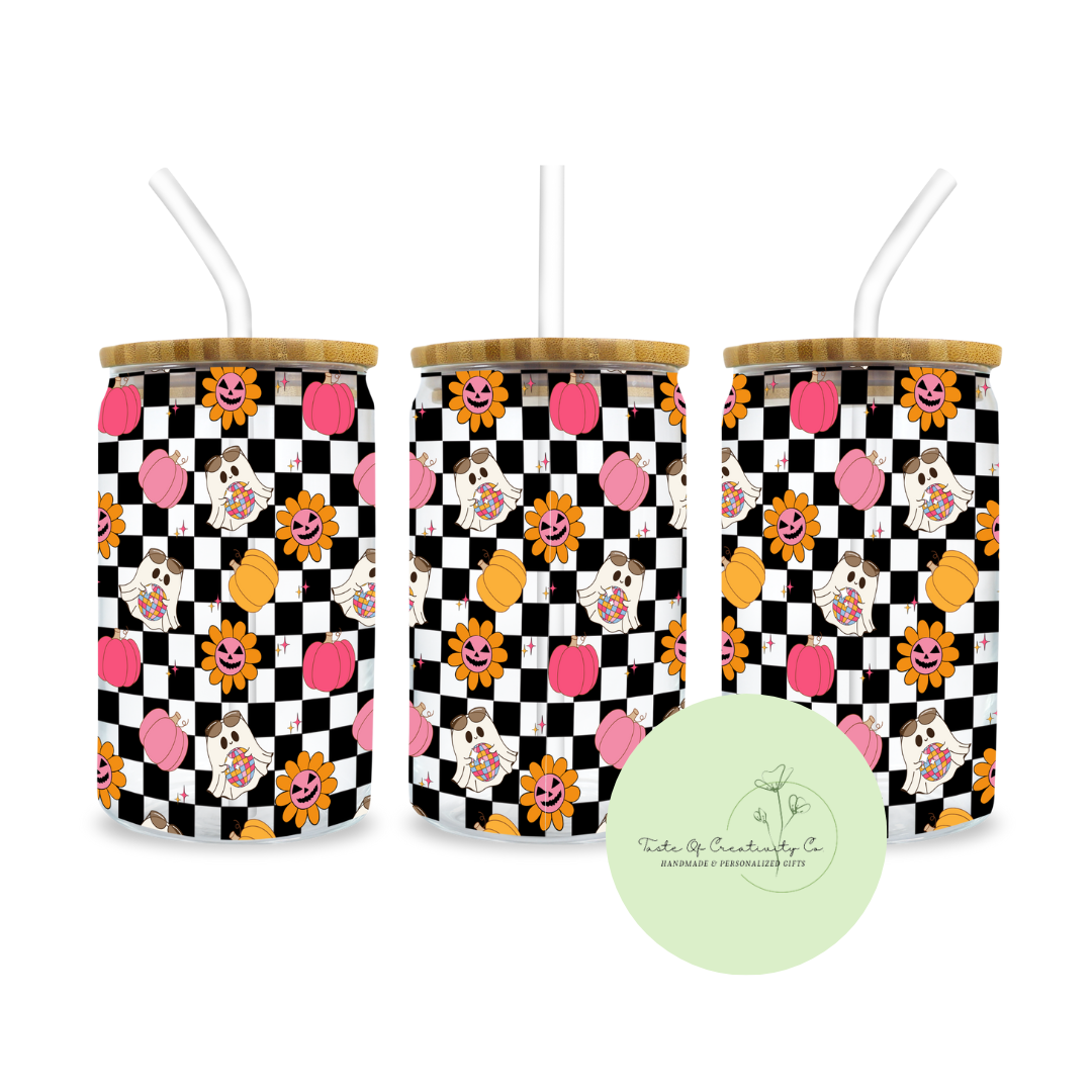 "Retro Disco Ghostie" Libbey Iced Coffee Glass w/ Bamboo Lid and Straw, Drinkware Gift, Spooky Disco Cowgirl Drinkware, Retro Drinkware, Halloween Drinkware