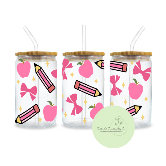 "Barbie Teacher" Libbey Iced Coffee Glass w/ Bamboo Lid and Straw, Drinkware Gift, Gift for Teacher