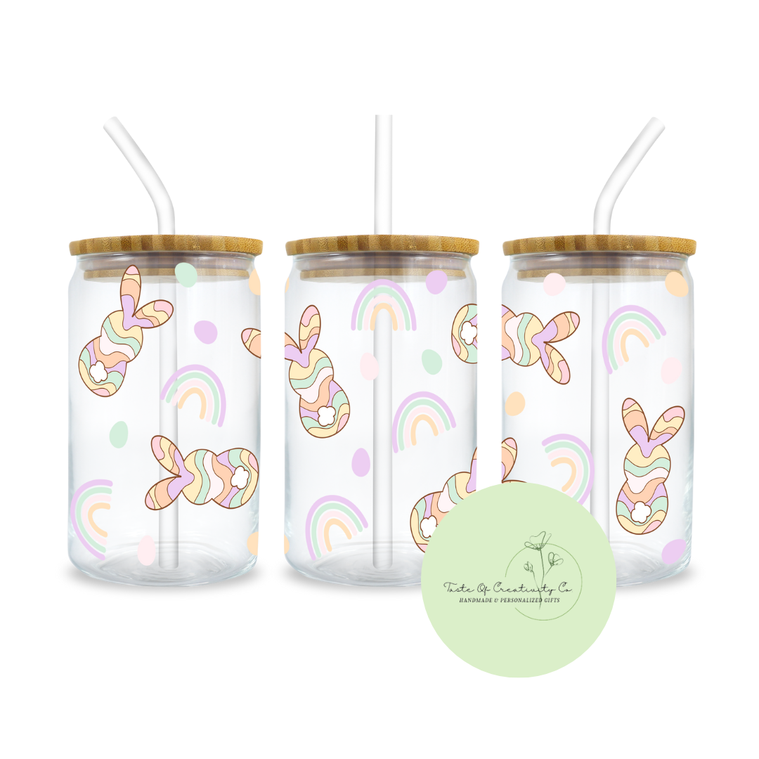 "Pastel Rainbows and Bunny Bums" Libbey Iced Coffee Glass w/ Bamboo Lid and Straw, Drinkware Gift, Easter Cup