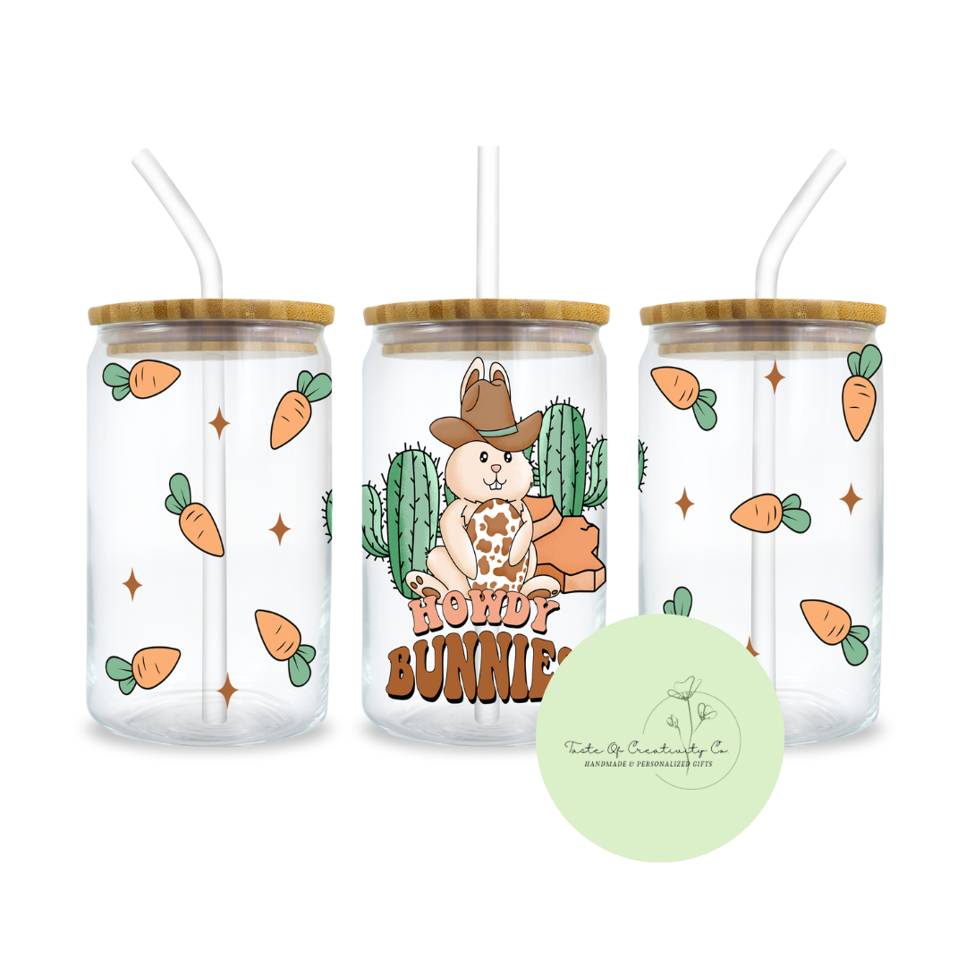"Howdy Bunnies" Libbey Iced Coffee Glass w/ Bamboo Lid and Straw, Drinkware Gift, Easter Cup, Disco Cowgirl Collection