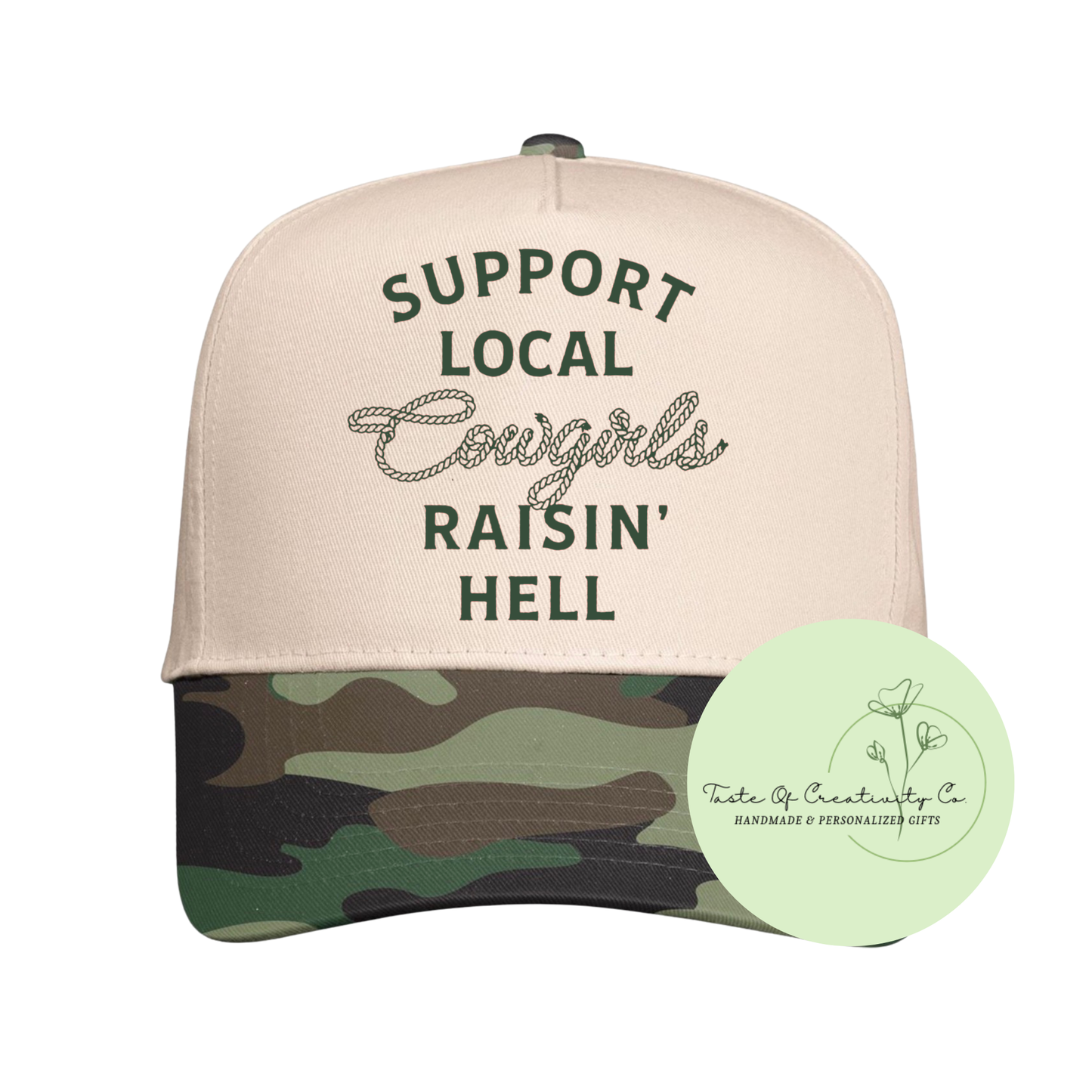 Support Local Cowgirls Raising Hell Trucker Cap, Gift for Her, Camo Edition, Disco Cowgirl Collection