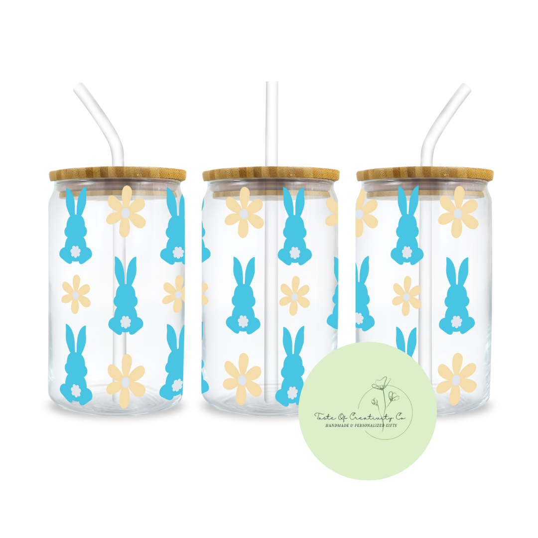 "Daisies and Bunny Bums" Libbey Iced Coffee Glass w/ Bamboo Lid and Straw, Drinkware Gift, Easter Cup