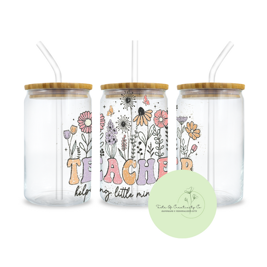 "Helping Little Minds Grow" Floral Teacher Libbey Iced Coffee Glass w/ Bamboo Lid and Straw, Drinkware Gift, Gift for Teacher