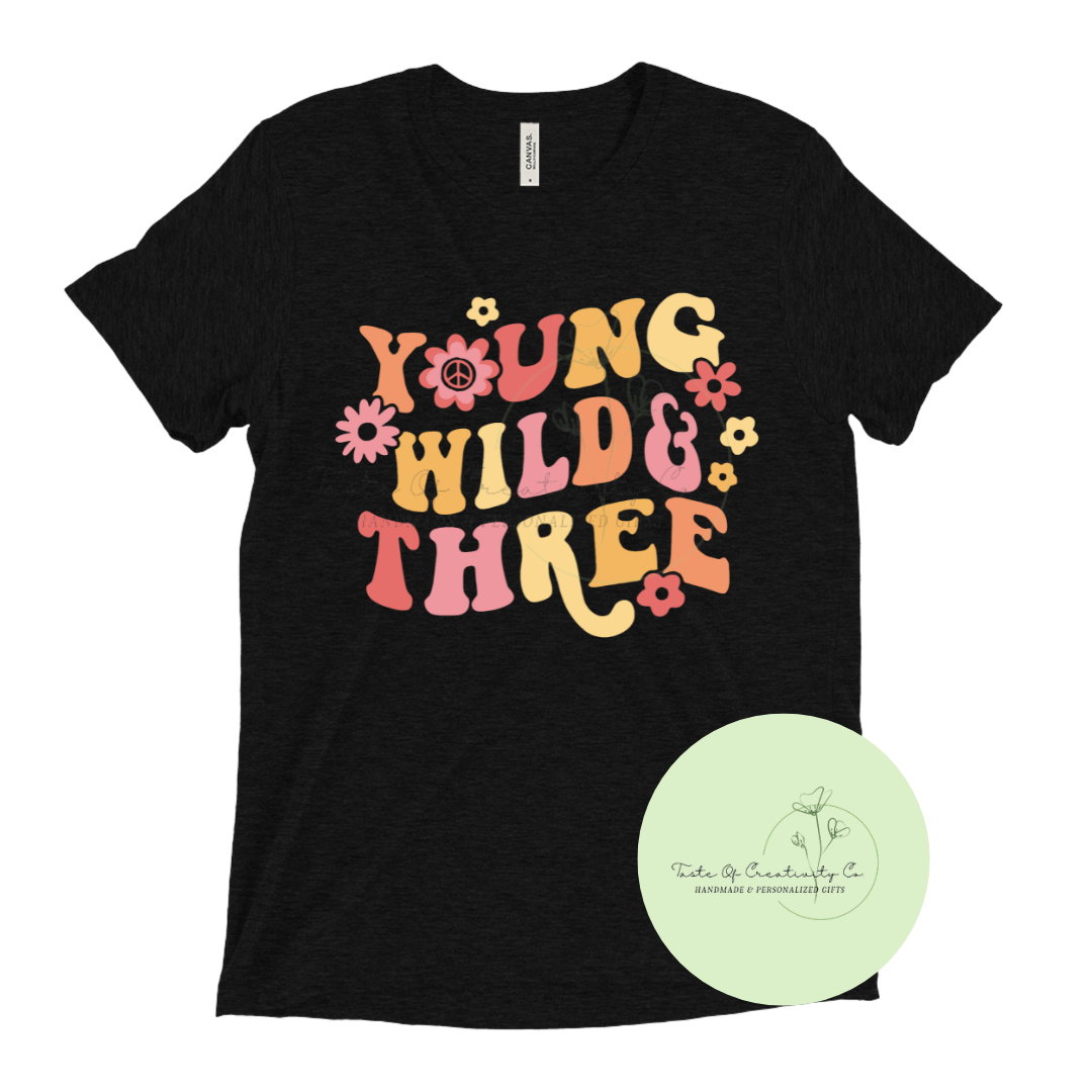 "Young, Wild & Three" Groovy T-Shirt, Youth Birthday Apparel, Toddler T-Shirt, Birthday Shirt