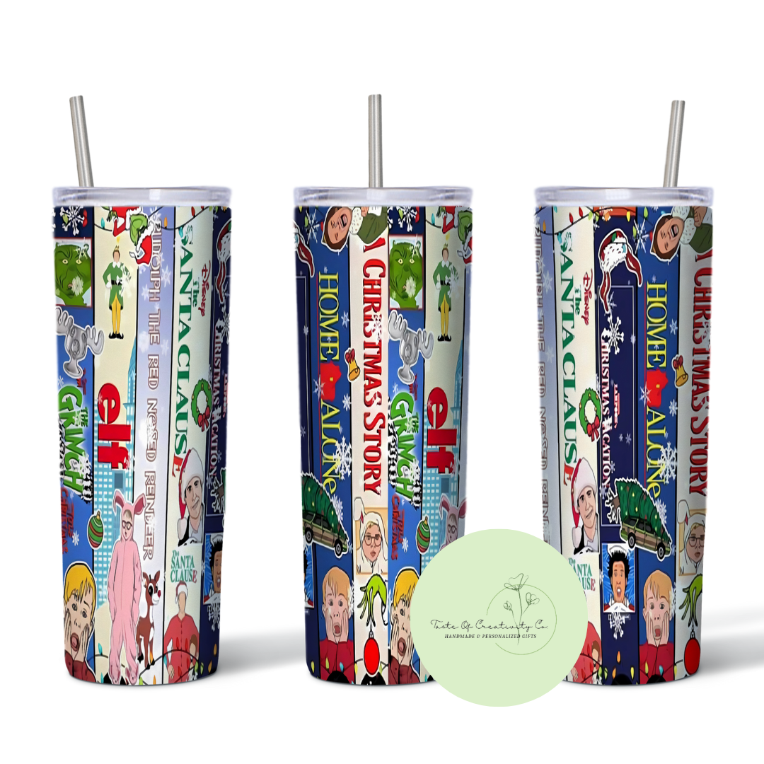 Christmas Movie Shelf 20oz. Sublimated Tumbler, Dishwasher Safe, Christmas Drinkware, Christmas Movie Gift