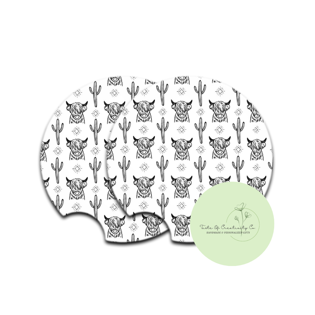 Highland Cow Car Coaster Set, Car Accessory, Cute Cow Gift