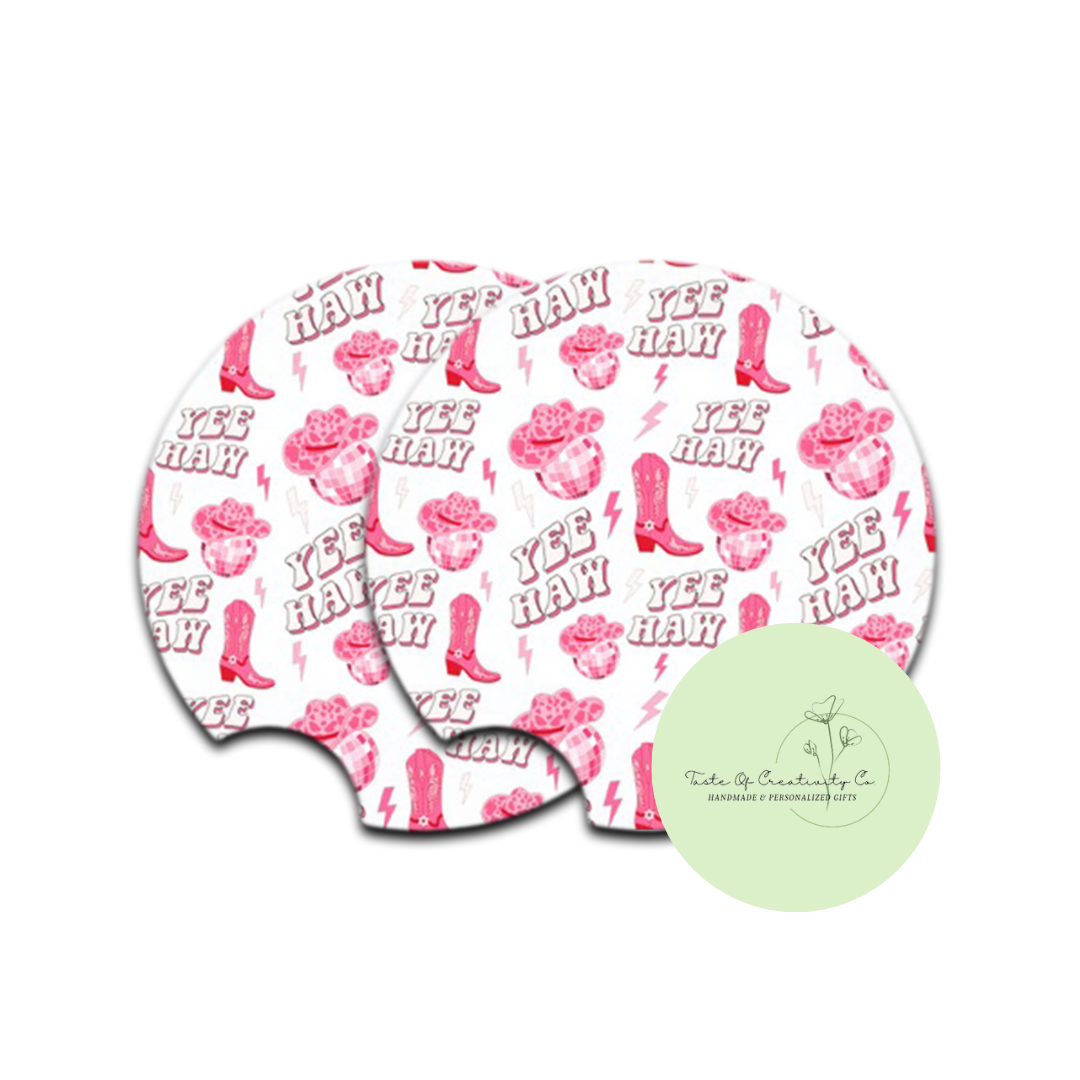 Pink "YeeHaw" Car Coaster Set, Car Accessory, Gift for Her, Disco Cowgirl Collection