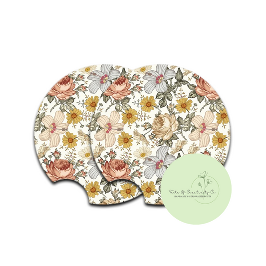 Boho Floral Car Coaster Set, Car Accessory, Gift for Her