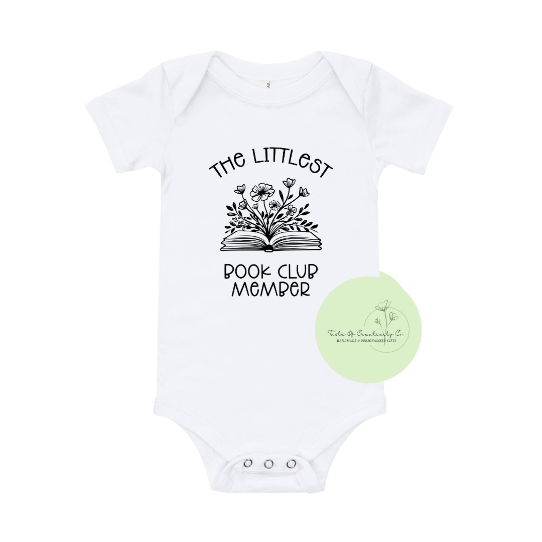 "The Littlest Book Club Member" Onesie™, Cute Baby Apparel, Apparel for Baby, Infant Bodysuit, BookTok Apparel, Bookish Apparel