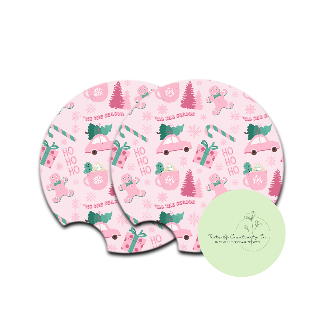 "Pink Christmas" Car Coaster Set, Car Accessory, Christmas Drinkware