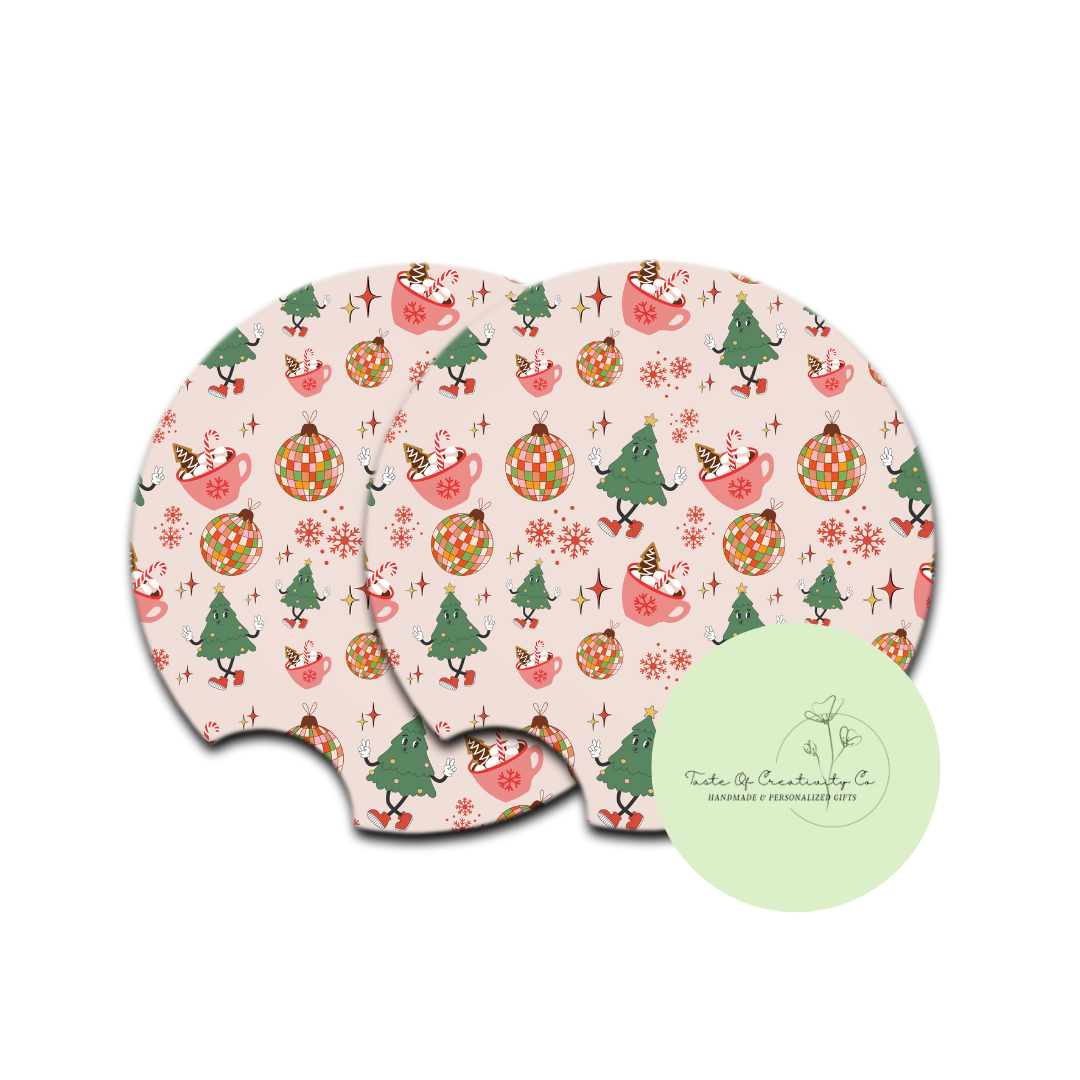 "Retro Christmas" Car Coaster Set, Car Accessory, Christmas Drinkware