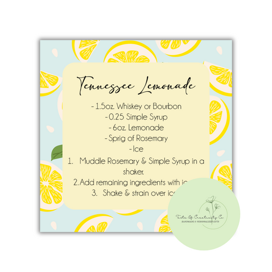 Tennessee Lemonade Coaster, Mixology Gift, Gift for Bartender, Drink Recipe Gift, Summer Collection
