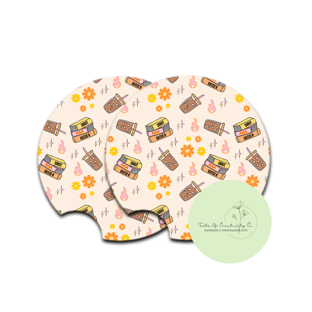 "Spicy Books & Icy Coffee" Car Coaster Set, Car Accessory, Gift for Her