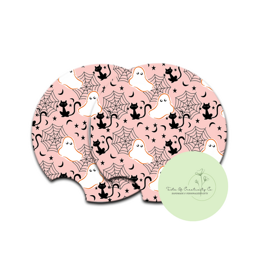 "Cats and Ghosties" Car Coaster Set, Car Accessory, Spooky Szn Drinkware