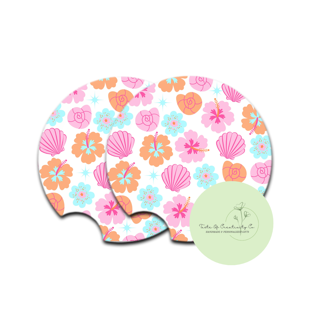 Hibiscus n’ Shells Coaster Set, Car Accessory, Gift for Her, Coastal Cowgirl Collection, Disco Cowgirl Collection