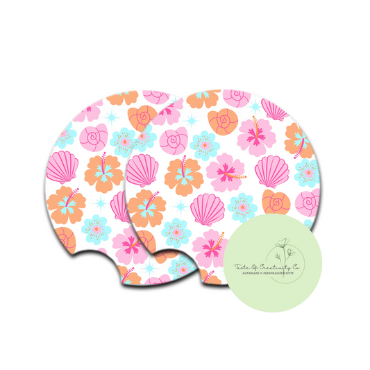Hibiscus n’ Shells Car Coaster Set, Car Accessory, Gift for Her, Coastal Cowgirl Collection, Disco Cowgirl Collection