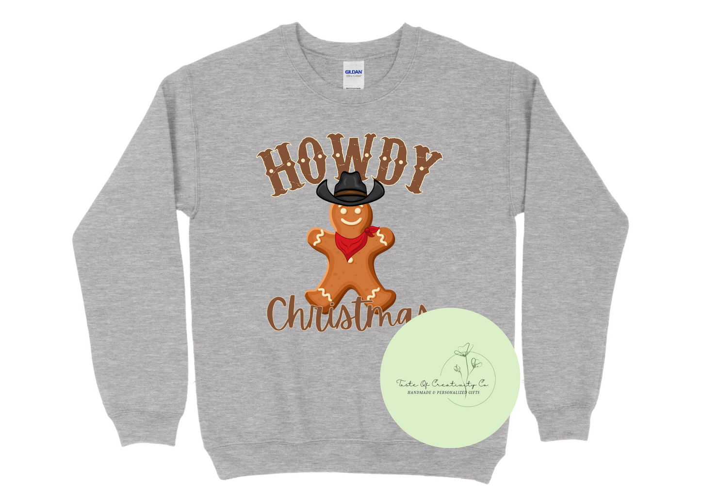 "Howdy Christmas" Crewneck Sweater, Gingerbread Christmas Apparel, Christmas Crewneck Sweater, A Very Merry Collection