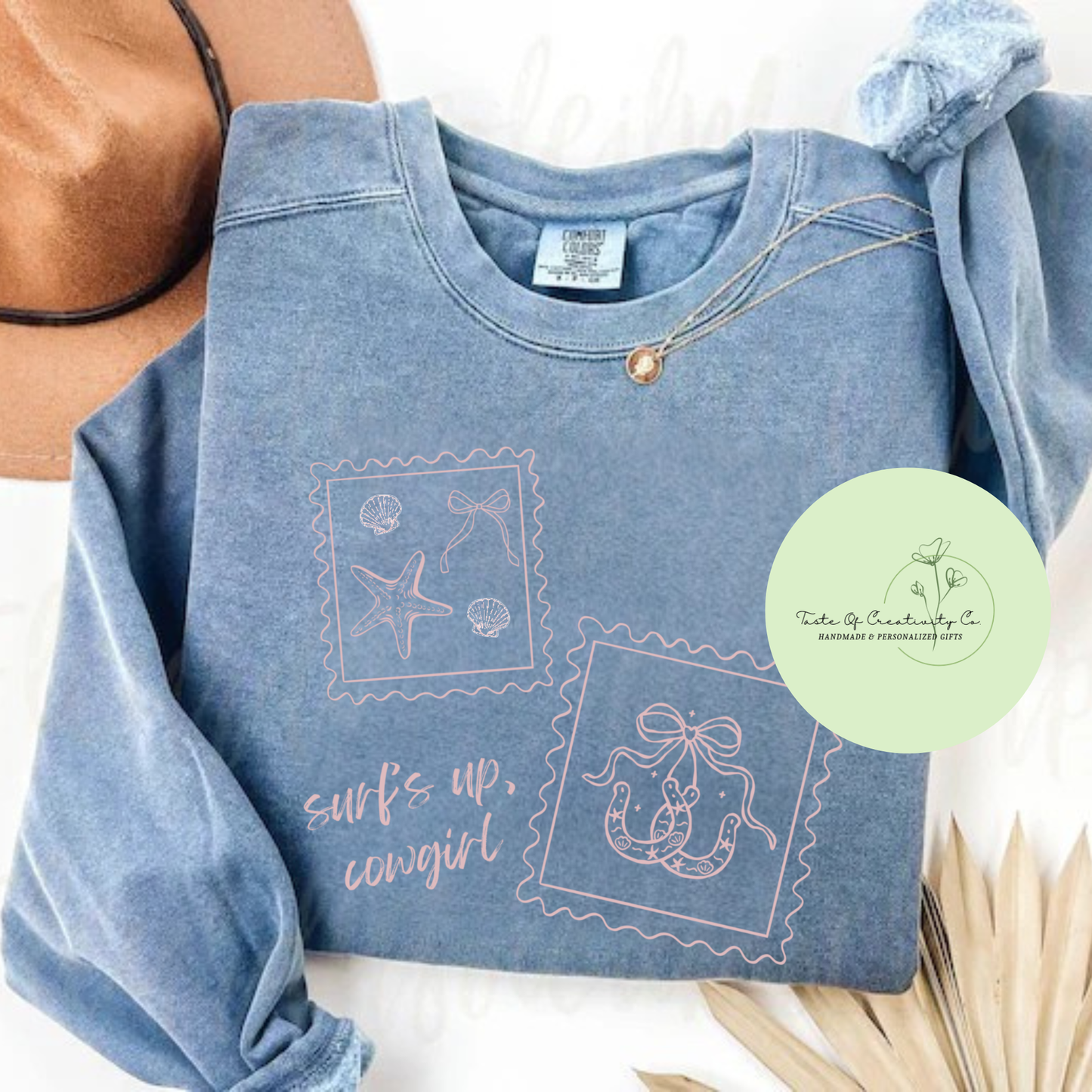 Surf’s Up, Cowgirl Stamps Comfort Colours Crewneck Sweater, Western Sweater, Country Apparel, Coastal Cowgirl Collection, Disco Cowgirl Collection