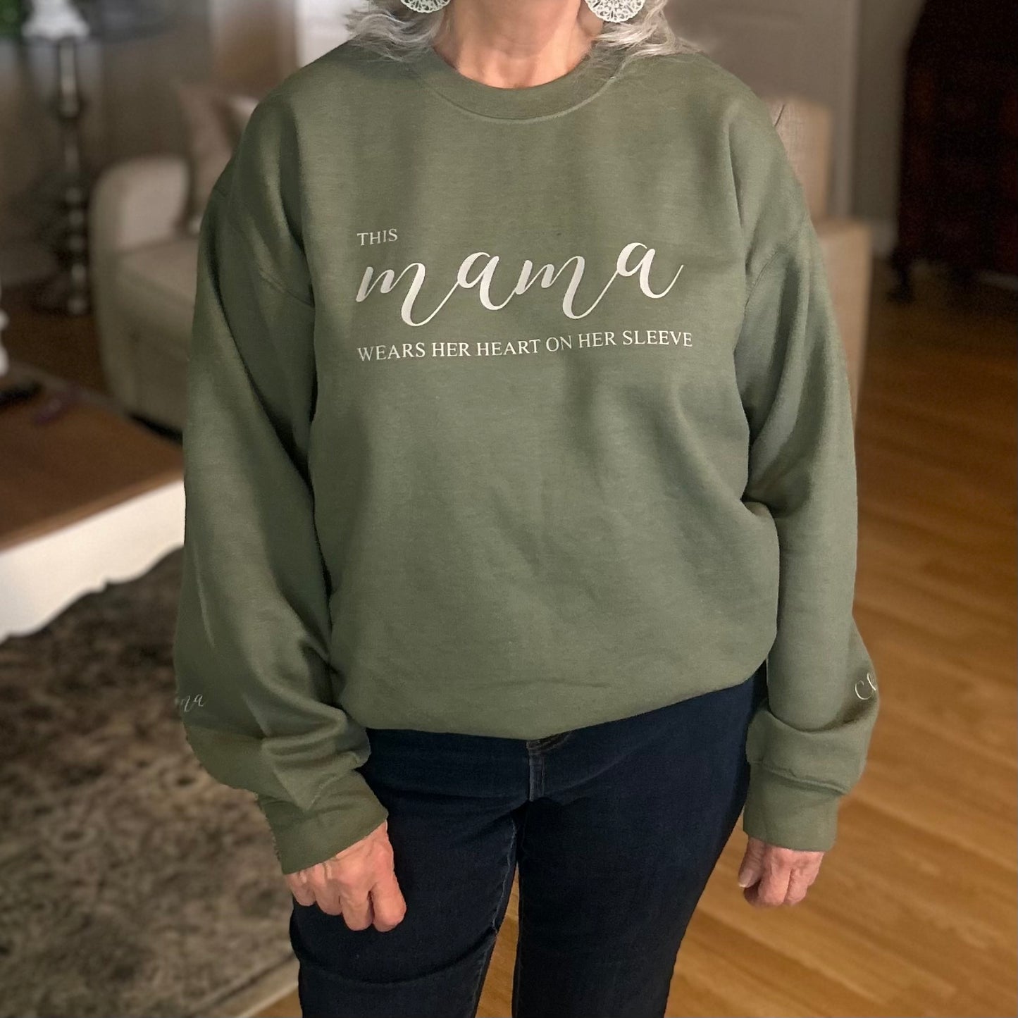 "This Mama Wears Her Heart On Her Sleeve" Crewneck Sweater, Apparel for Mom, Mother's Day Gift, Personalized Gift for Mom
