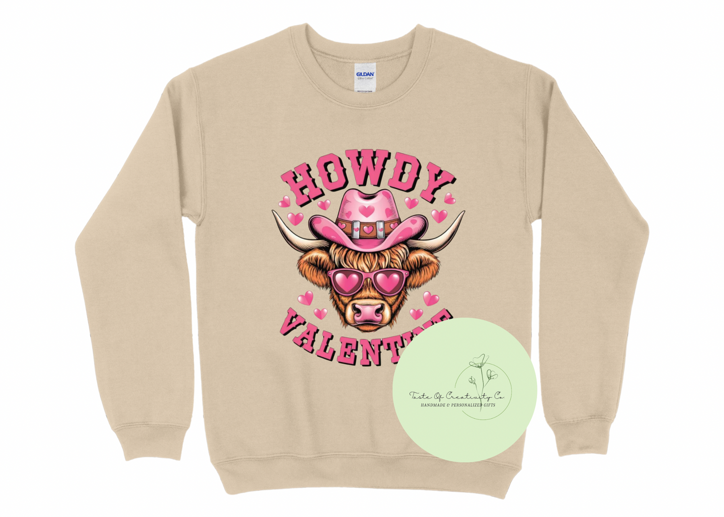 "Howdy Valentine" Crewneck Sweater, Valentine's Day Apparel, Highland Cow Sweater, Disco Cowgirl Collection