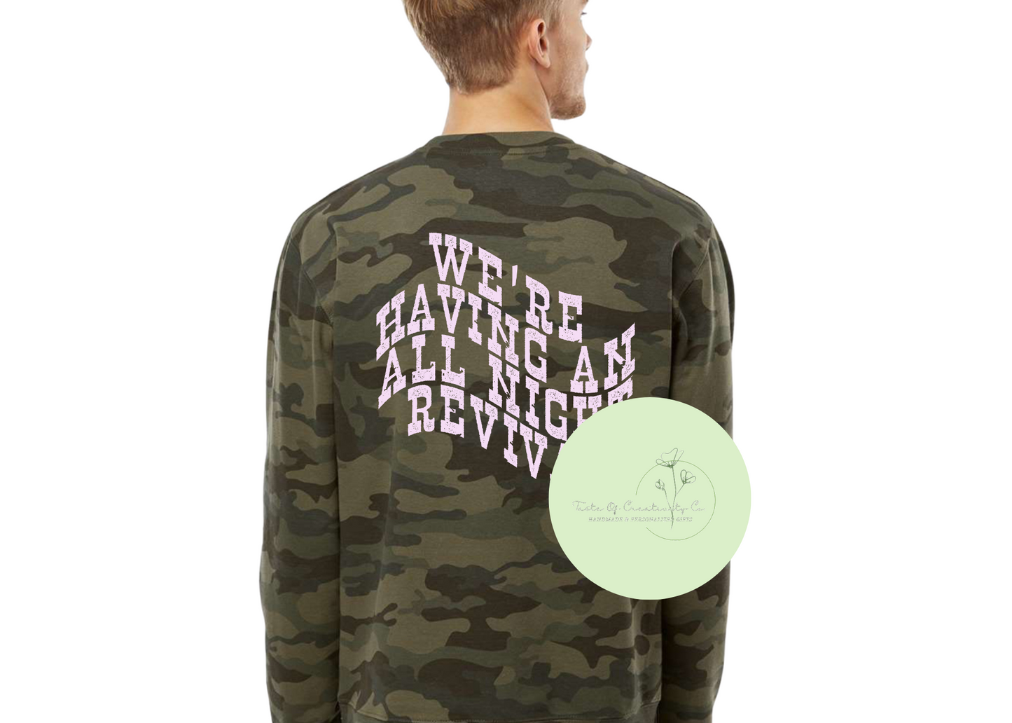 "We're Having An All Night Revival" Crewneck Sweater, Western Sweater, Country Apparel, Camo Cowgirl Collection, Disco Cowgirl Collection