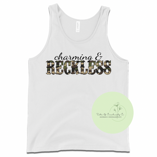 "Charming & Reckless" Tank Top, Western T-Shirt, Country Apparel, Camo Cowgirl Collection, Disco Cowgirl Collection