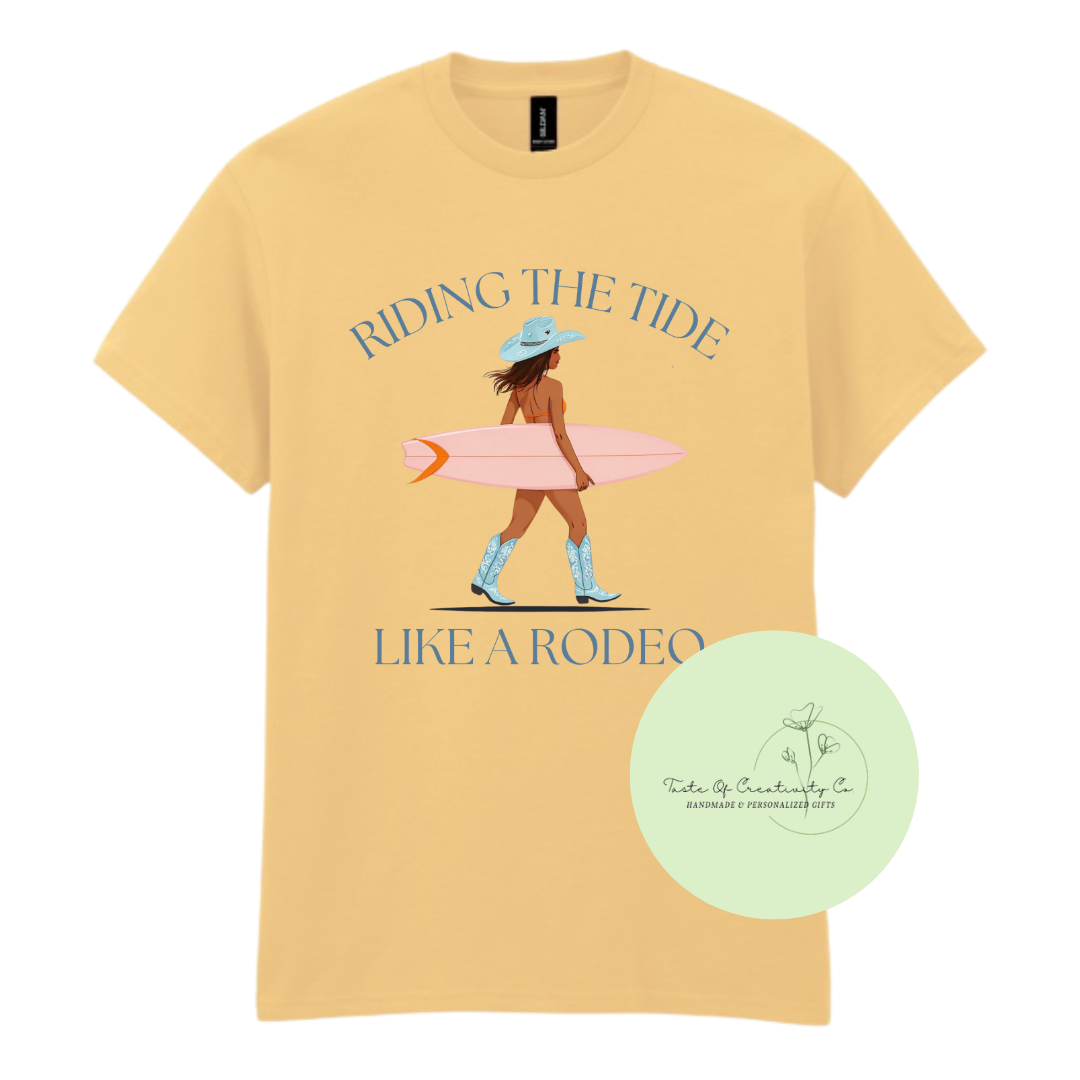 "Riding The Tide Like a Rodeo" T-Shirt, Western T-Shirt, Country Apparel, Coastal Cowgirl Collection, Disco Cowgirl Collection
