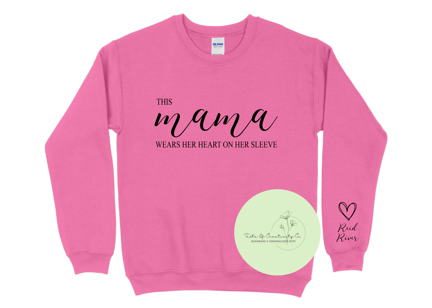 "This Mama Wears Her Heart On Her Sleeve" Crewneck Sweater, Apparel for Mom, Mother's Day Gift, Personalized Gift for Mom