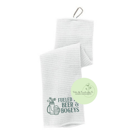 Fueled By Beer & Bogeys Golf Towel With Carabiner, Golf Cart Accessory for Men, Gift for Golfer, Funny Golf Gift