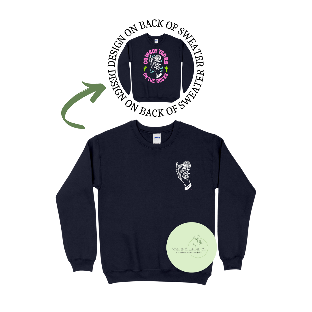 "Cowboy Tears On The Rocks" Crewneck Sweater, Country Crewneck, Cowgirl Disco Apparel
