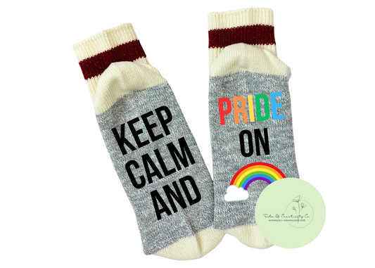 Keep Calm and Pride On Chatting Socks, Novelty Socks, Pride Month