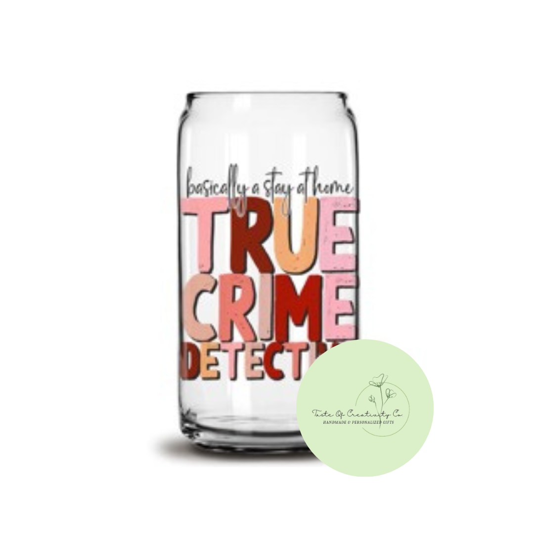 True Crime Detective Libbey Iced Coffee Glass w/ Bamboo Lid and Straw, Dishwasher Safe, True Crime Drinkware