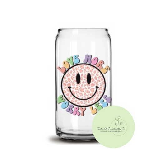 Love More, Worry Less Libbey Iced Coffee Glass w/ Bamboo Lid and Straw, Dishwasher Safe, Drinkware Gift