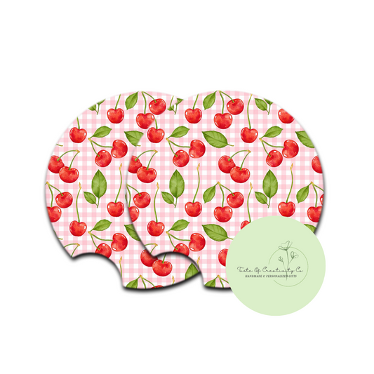 Cherries and Pink Gingham Car Coaster Set, Car Accessory, Gift for Her, Cherry Gift