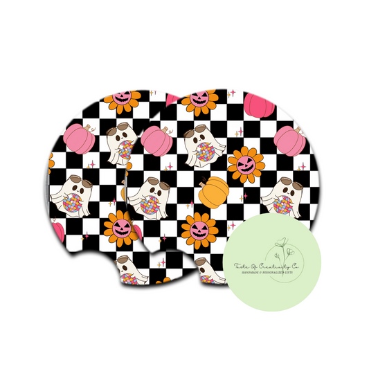 "Retro Disco Ghostie" Car Coaster Set, Car Accessory, Gift for Her, Spooky Disco Cowgirl Drinkware