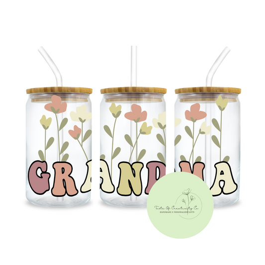"GRANDMA" Floral Libbey Iced Coffee Glass w/ Bamboo Lid and Straw, Drinkware Gift, Gift for Mom, Mother's Day Gift