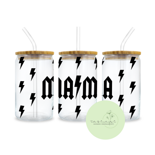 "MAMA" AC/DC Libbey Iced Coffee Glass w/ Bamboo Lid and Straw, Drinkware Gift, Gift for Mom, Mother's Day Gift