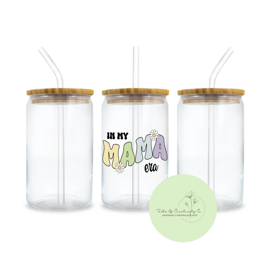 "In My Mama Era" Libbey Iced Coffee Glass w/ Bamboo Lid and Straw, Drinkware Gift, Gift for Mom, Mother's Day Gift