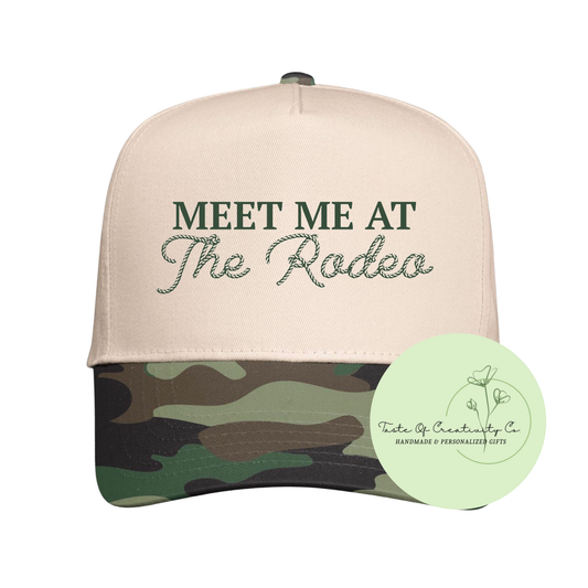 Meet Me At The Rodeo Trucker Cap, Gift for Her, Camo Edition, Disco Cowgirl Collection